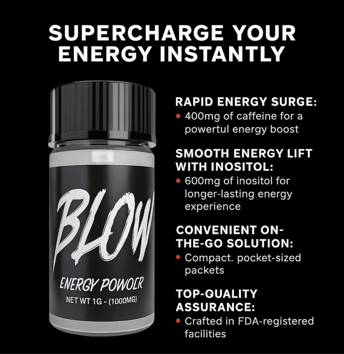 Blow Energy Powder - 1g Container - 3 Pack (400mg Caffeine Per Vial)